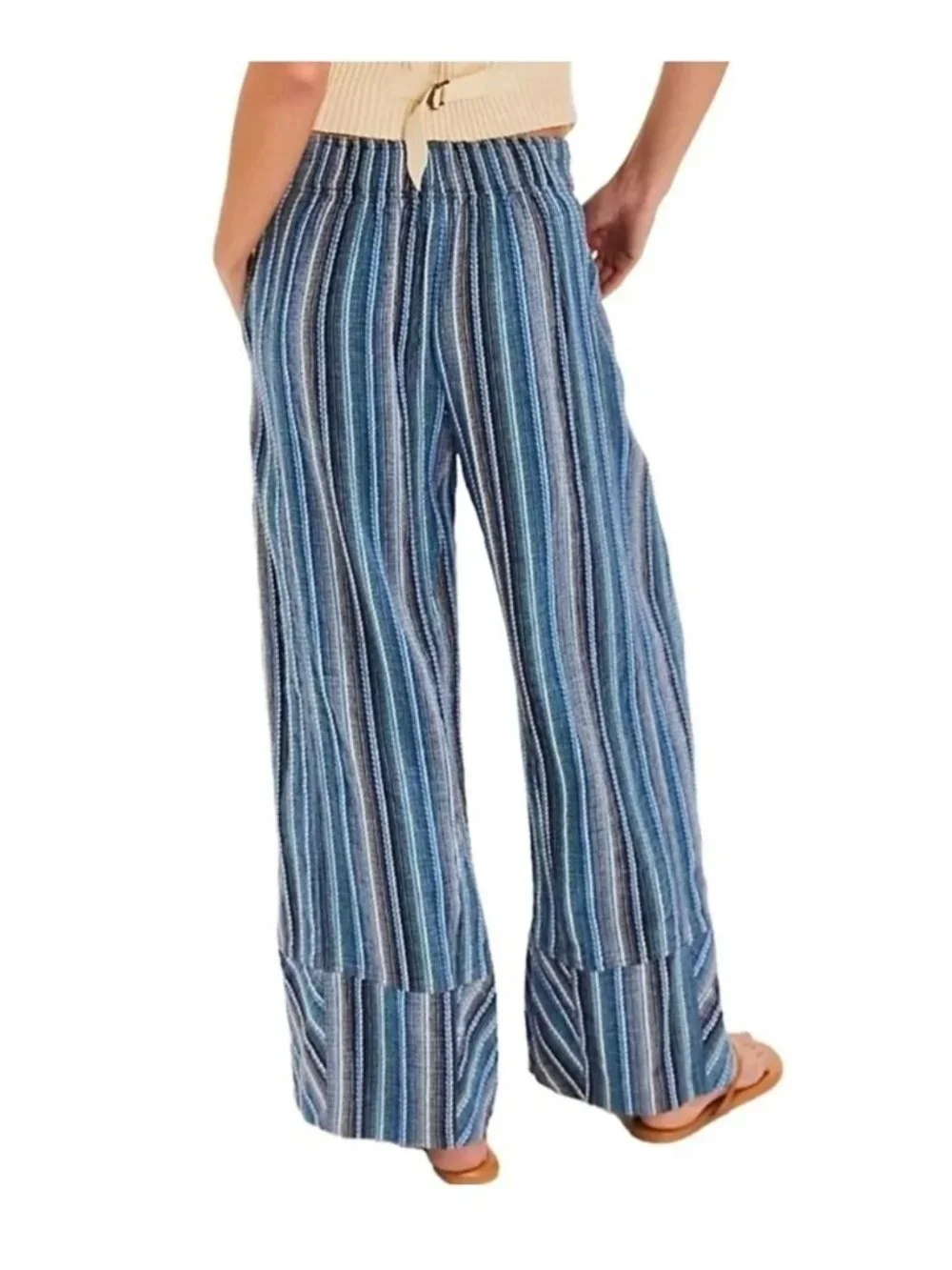Free People Womens Stripe Wide Leg Mid-rise Pants Size Large Blue Cotton Casual